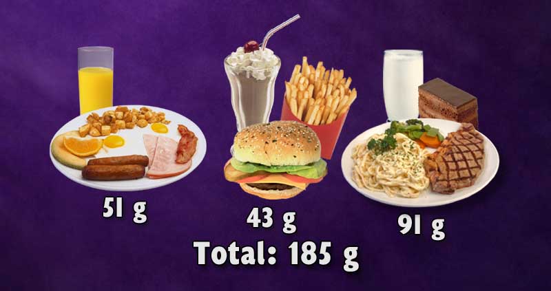 Três refeições de uma dieta típica de origem animal resultando em 185g de proteína.