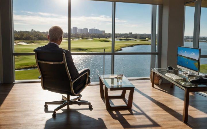 Um homem de negócios em seu escritório de alta classe olhando para um campo de golfe e a vista da água abaixo