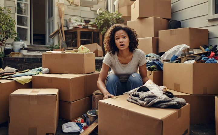 Uma mulher angustiada limpando caixas de bagunça doméstica